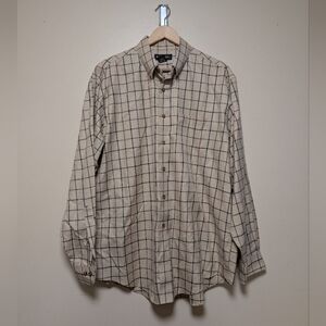 Brooks Brothers Men’s Button Down Shirt – Beige Windowpane Plaid, Size Large